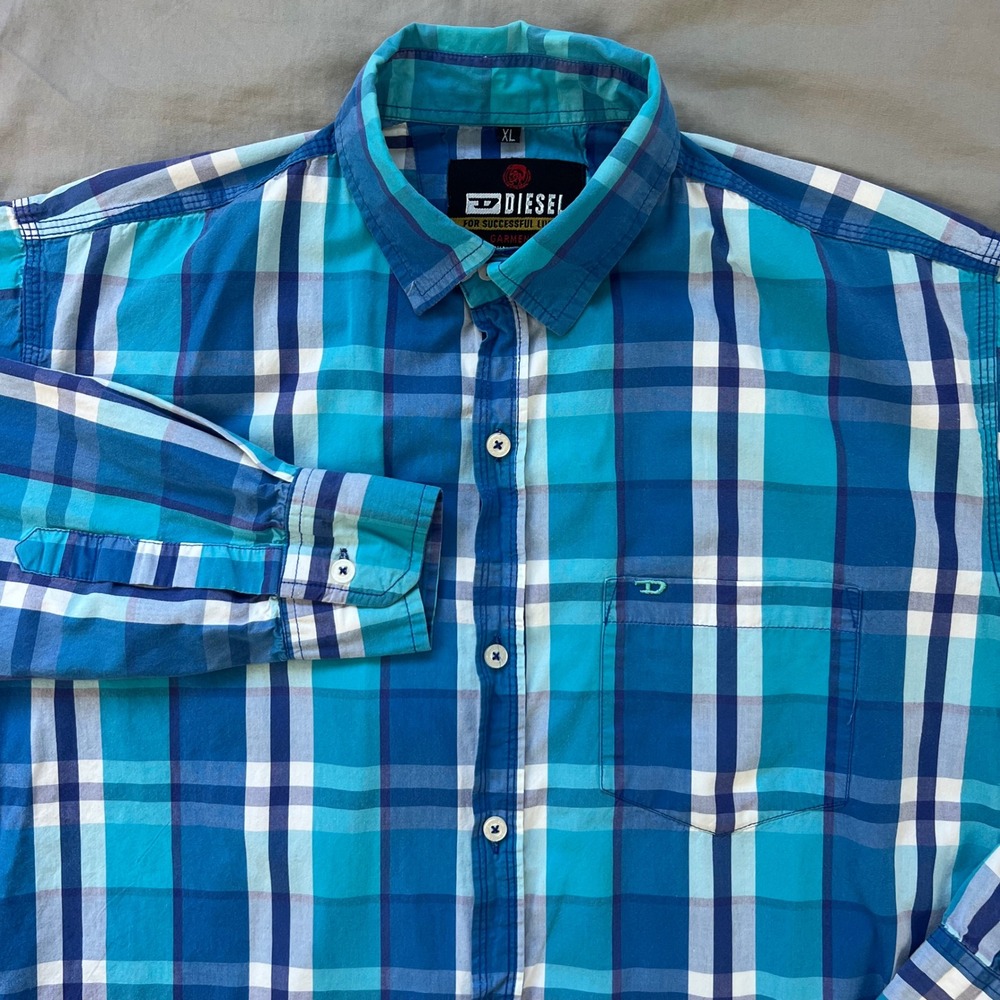 DIESEL Shirt Men's XL Plaid Button‎ Down Shirt Long Sleeve Cotton Blue Aqua